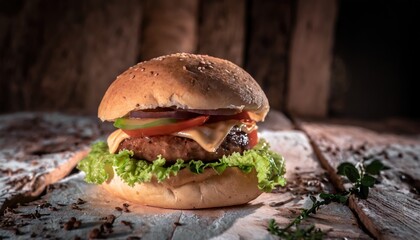 A close-up of a homemade, tasty burger on a rustic wooden table. Generated with AI