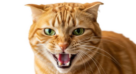 Angry Orange Tabby Cat Baring Teeth Isolated on Transparent Background