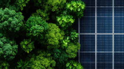 Solar panel array beside lush green forest canopy creating eco friendly energy contrast