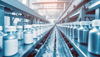 row of pills bottle factory conveyor. manufacturing automation production machinery. Generated with AI