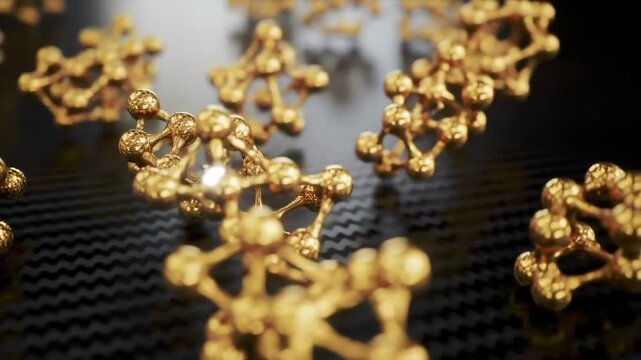 Golden molecular structure floating on black carbon fiber; medical research illustration