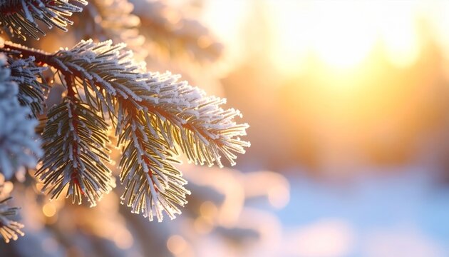 Snow Covered Fir Branches at Bright Winter Sunrise - Powered by Adobe