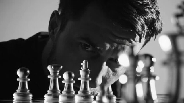 A male chess player thoughtfully looking at the pieces on the chessboard. Black and white scene, 4K video.