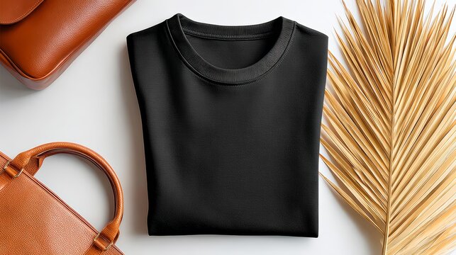A black shirt is folded on a table next to a brown purse and a leaf. The shirt is folded in half and the purse is placed on the left side of the shirt