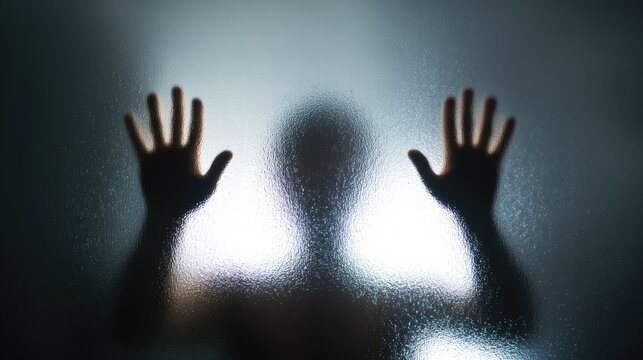 Silhouette Behind Frosted Glass With Raised Hands Creating Mystery, Isolation, and Barrier Effect - Powered by Adobe