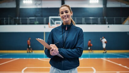 Young Female Coach Wearing Blue Athletic Jacket Standing in Indoor Basketball Court