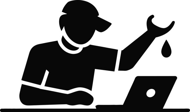 Technical support icon depicting a professional in a cap working on a laptop, holding a wrench with a drop, symbolizing repair, maintenance, and problem-solving services