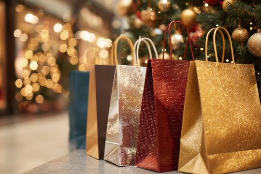 Colorful holiday shopping bags sit on a smooth surface beside a beautifully decorated Christmas tree. Twinkling lights create a cheerful atmosphere perfect for the season