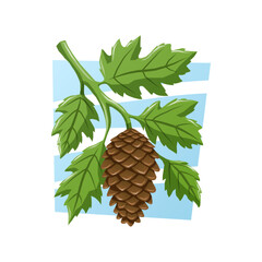 A brown fir cone hanging from a branch with jagged green leaves on a light blue background. Vector nature cartoon illustration.