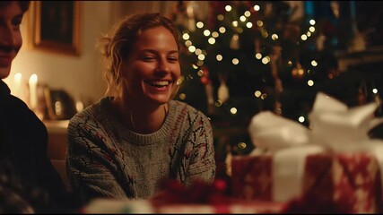 A woman laughs joyfully while celebrating Christmas with loved ones, surrounded by presents.