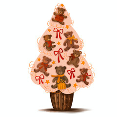 Hand-drawn Christmas tree decorated with cute plush bears and colorful bows. Warm and cozy holiday illustration in a soft decorative style — perfect for greeting cards, stickers, kids’ designs