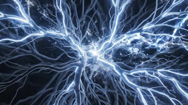 Nerve activation triggered by precise needle placement, into the skin to reveal neural pathways lighting up in slow sequence