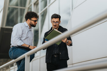 Two colleagues engage in a focused conversation while reviewing documents outside an office building.