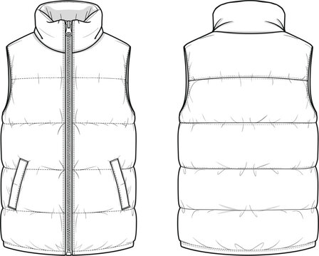 Puffer quilted vest vector technical fashion sketch template, zip front, stand collar, cold weather outerwear apparel mockup