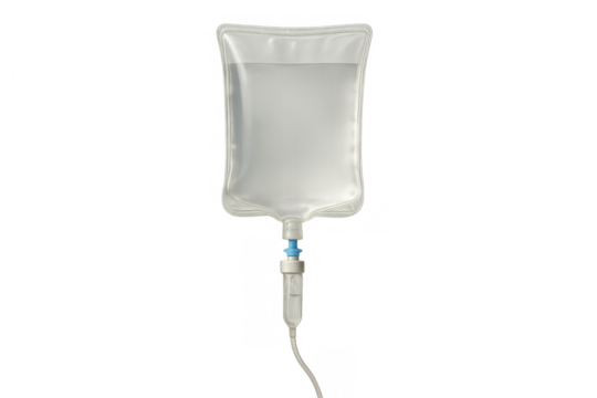 Iv bag with intravenous drip for saline solution administering, medical treatment in healthcare concept, transparent background