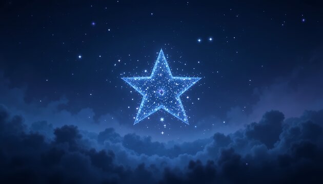 Glowing digital star constellation illuminating the dark night sky above clouds - Powered by Adobe