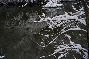 Soldier Lake. The branches of the trees are covered with the first snow. A lake in a mountainous area with a variety of vegetation. November.