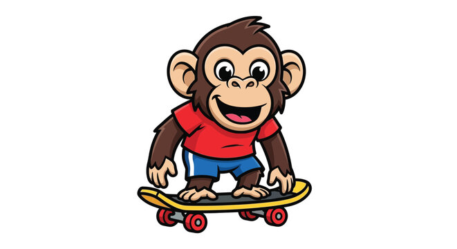 Cute Monkey in Red Shirt Skateboarding Cartoon Illustration