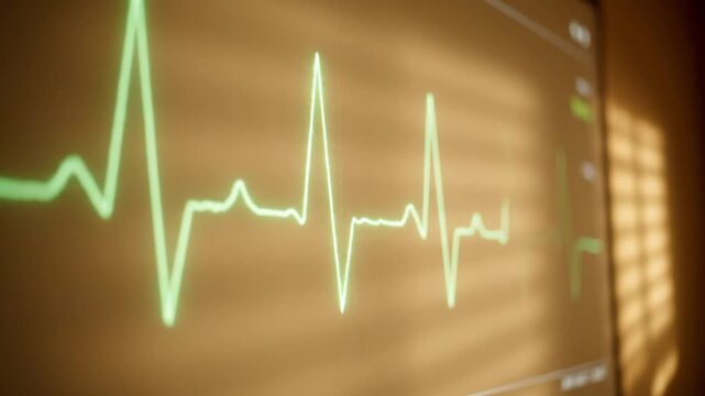 A glowing green electrocardiogram (ECG) waveform pulses steadily across a vintage-style monitor screen, charting a healthy heart rhythm during a medical examination or routine vital signs check.