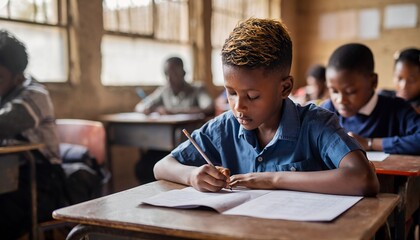 Young Boy Wearing Blue Shirt Studying in Classroom with Natural Light