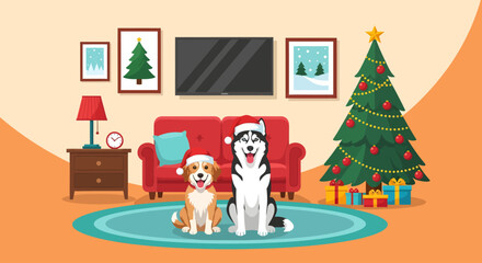 Two happy dogs, a golden retriever and a husky, wear Santa hats in a cozy living room decorated for the holidays with a Christmas tree and gifts