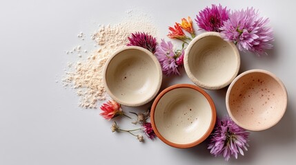A collection of bowls with flowers and powder on a white background. The bowls are of different sizes and colors, and the flowers are arranged in a way that creates a sense of harmony and balance