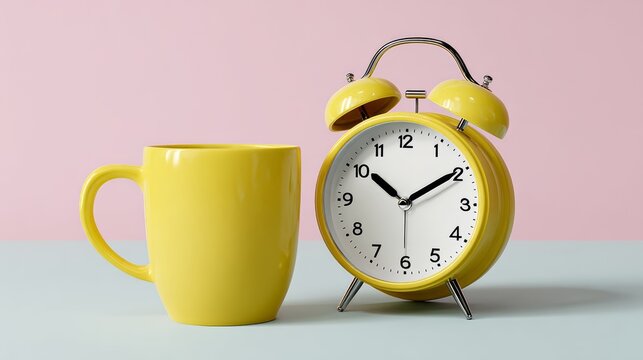 A yellow coffee cup sits next to a yellow alarm clock. The clock reads 7:30. Concept of morning routine and the importance of time management