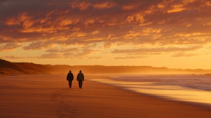 As the sun sets, a couple walks hand in hand along a soft sandy beach, leaving footprints behind. Clouds are painted in warm hues, creating a romantic atmosphere