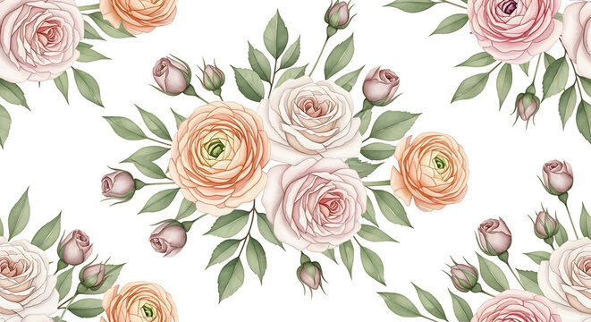 Soft blush cream roses watercolor seamless pattern, romantic garden flowers with peach ranunculus sage botanical, delicate vintage floral illustration background texture shabby chic
