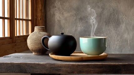 A wooden table with a tea set on it. A black tea pot and a green tea cup are on a tray
