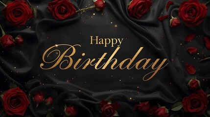 Happy Birthday is written in elegant serif typography with cursive flourishes on a dark black silk background,
