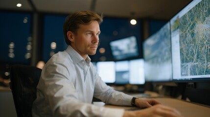A dispatch manager overseeing a wall of real-time logistics maps and blinking route alerts, coordinating drivers through a digital command center — modern fleet management, supply chain visibility,
