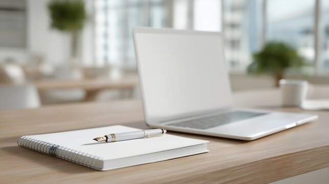 A bright modern workspace featuring an open white notebook, fountain pen, and laptop keyboard, bathed in soft natural light — concept of content creation, professional planning, digital