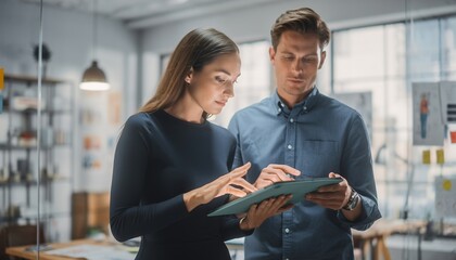 Young Professional Man and Woman Collaborating on Digital Tablet in Modern Office