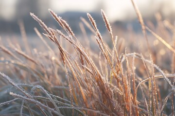 Fototapeta premium Grass blades covered in frost catch the soft morning light in a peaceful winter scene. The environment exudes calmness with a soft glow enhancing the beauty of nature