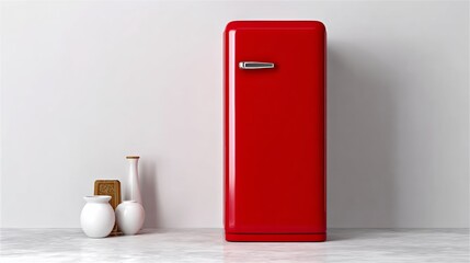 A red refrigerator is standing in front of a white wall. The refrigerator is empty and the white wall is plain