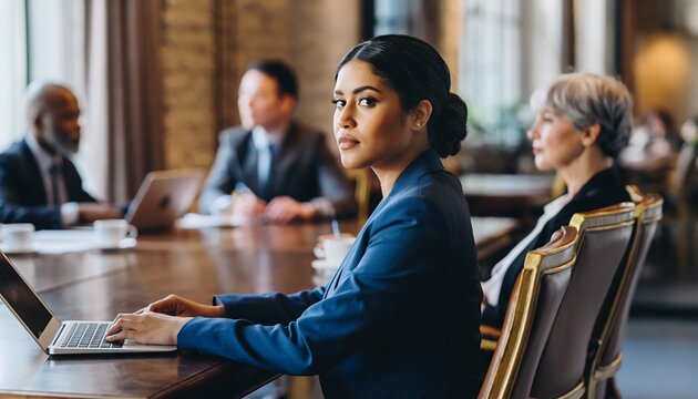 Professional Woman Wearing Blue Suit Sitting at Conference Table in Elegant Meeting Room - Powered by Adobe