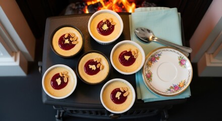 Peanut butter cheesecake Individual cr�me br�l�e desserts with a berry topping, served in ramekins on a dark surface in front of a fireplace.