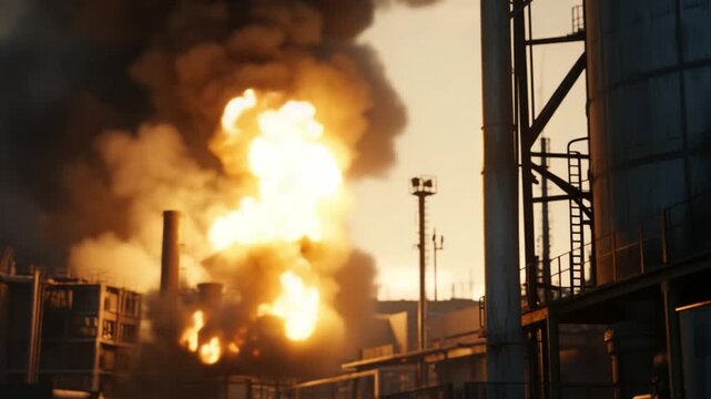 Industrial Inferno: A powerful explosion engulfs an industrial complex, creating a dramatic scene of destruction, smoke, fire, and heat. The sky is filled with clouds of fire and smoke.