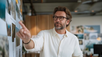 A creative director reviewing storyboards and cinematic sequences with the narrative team, pointing at concept art pinned across the wall — storytelling, visual direction, and narrative development