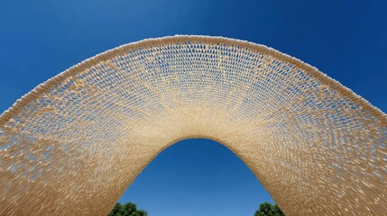 Photograph of a large, curved arch made of woven bamboo sticks. the bamboo sticks are arranged in a symmetrical pattern, creating a sense of depth and dimension.