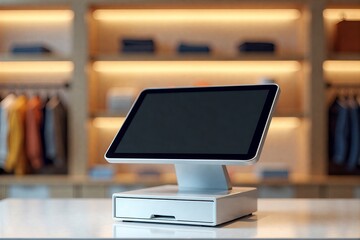Modern tablet kiosk on sleek counter, blurred background of boutique shelves displaying folded clothes and high heels.