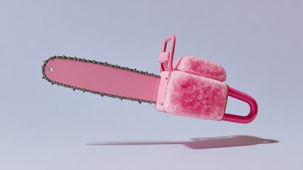 A chainsaw with a pink handle and pink handlebar is flying through the air