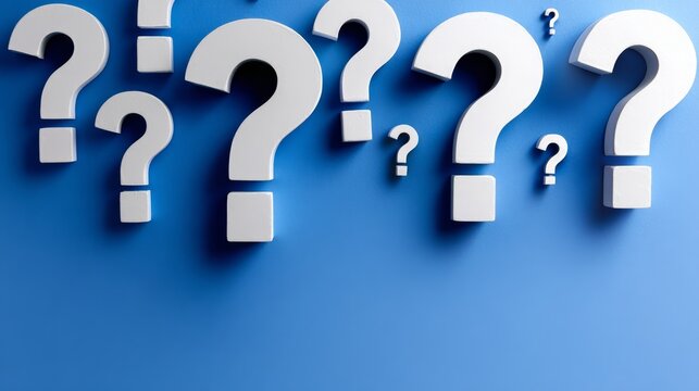 A blue background with a row of white questions. The questions are all different sizes and are arranged in a row. Concept of curiosity and the desire to learn more