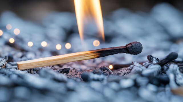 A burnt matchstick lies on a bed of ash with a flame igniting