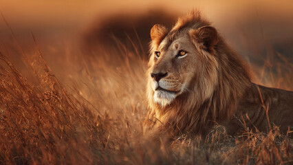 Fototapeta premium An Image Of A Lion Laying In The Tall Grass At Sunset With The Sun Shining On It's Face