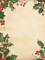 Holly berries and leaves framing vintage beige paper background