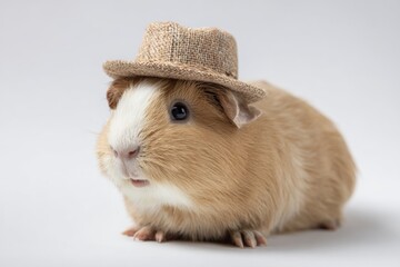 Fototapeta premium A small guinea pig with light brown and white fur wears a tiny straw hat while sitting on a bright white background. It looks curious and playful, adding charm to the scene