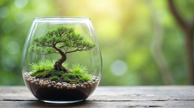 Serene miniature bonsai tree with green moss inside glass terrarium, symbol of growth and connection to nature - Powered by Adobe