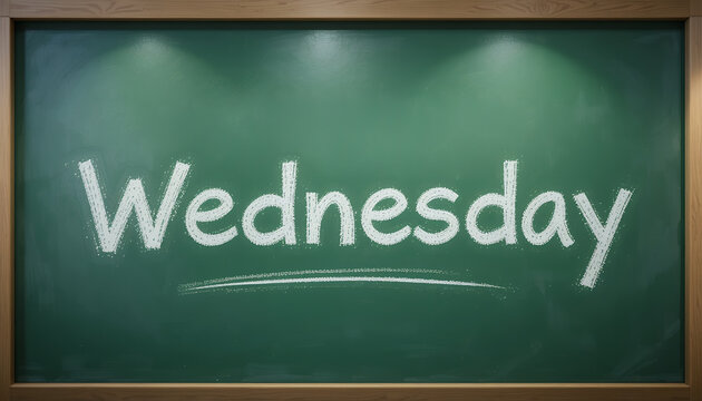green chalkboard with wednesday written in white chalk under soft lighting in a classroom